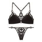 Edgy Black Geometric Strappy Wire-Free Bra and Thong Set