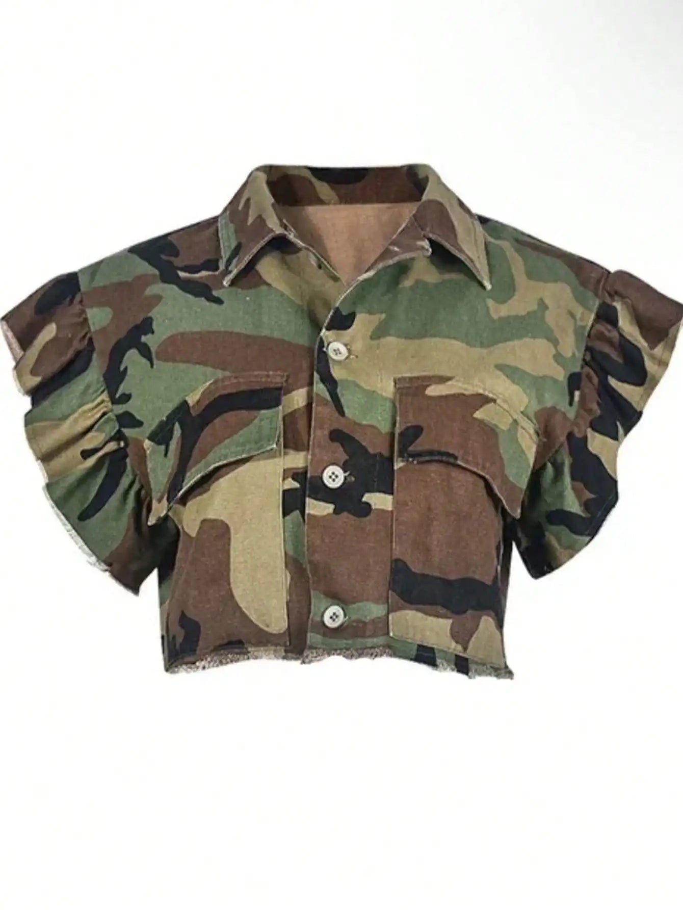 Camouflage Print Crop Top and Distressed Shorts Streetwear Co-Ord Set
