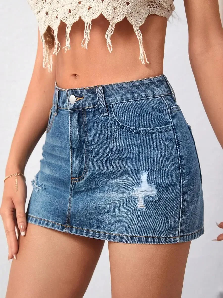 Distressed Denim Mini Skirt with Ripped Details and Streetwear Edge