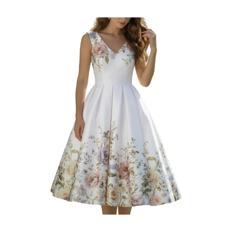 Elegant White Floral Print Swing Dress with V-Neckline and Pleated Skirt