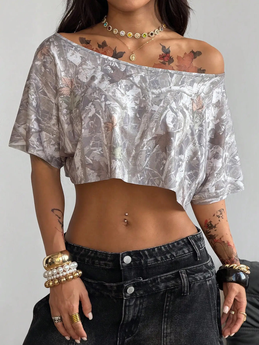 Off Shoulder Graphic Crop Tee with Relaxed Streetwear Inspired Silhouette