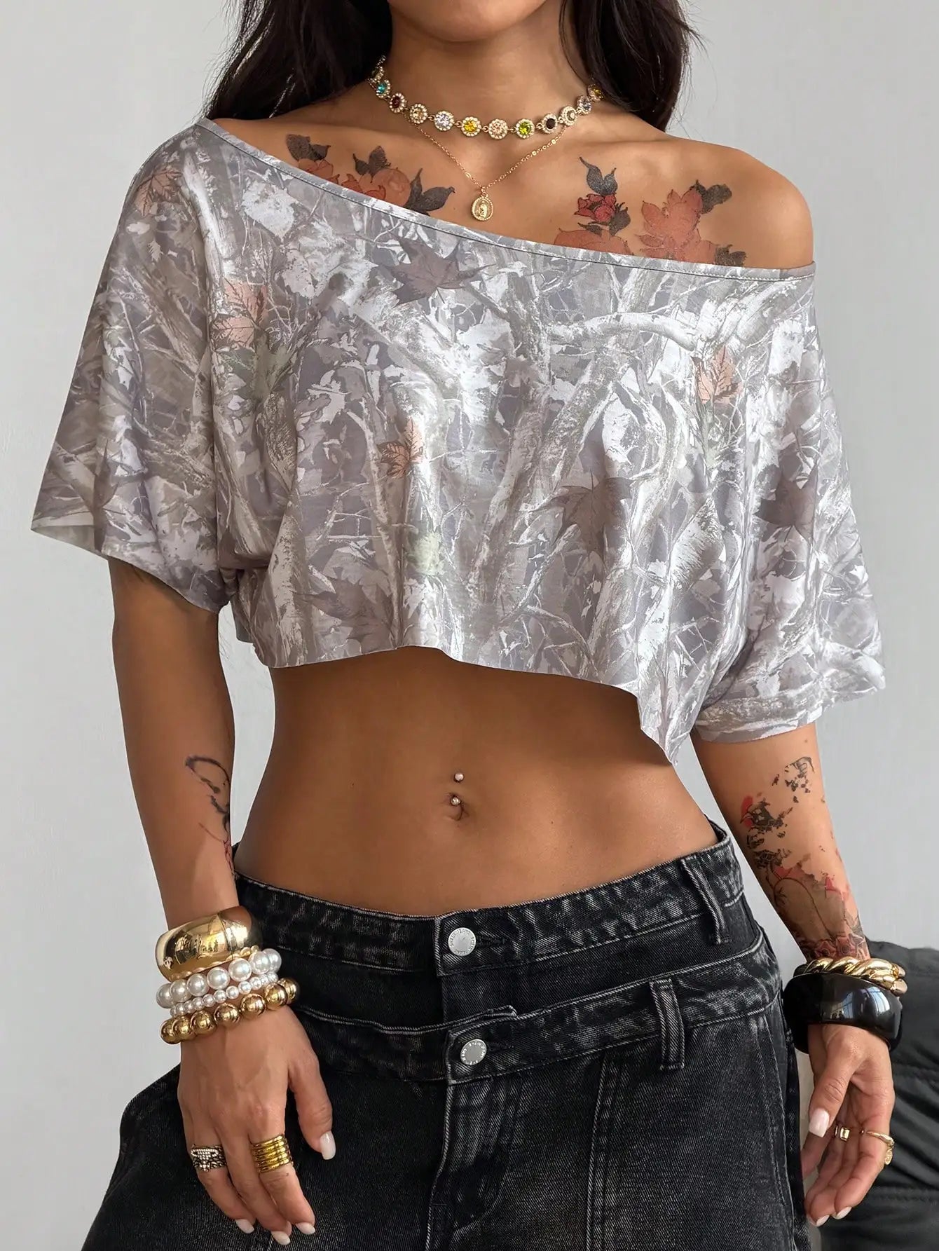 Off Shoulder Graphic Crop Tee with Relaxed Streetwear Inspired Silhouette