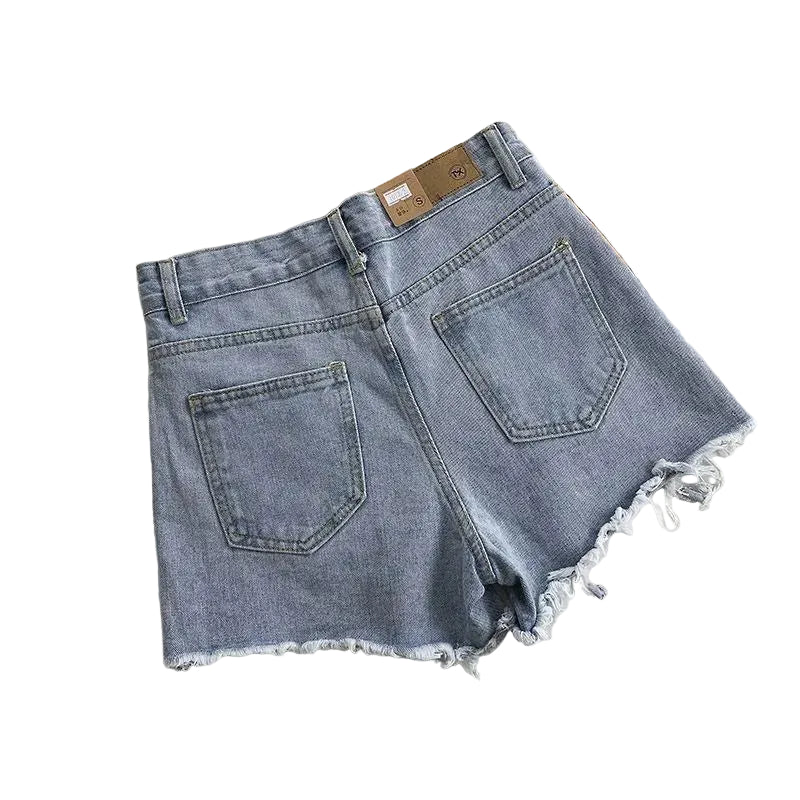 Women's Distressed Denim Style High Waist Frayed Hem Casual Streetwear Shorts with Pocket Design