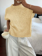 Women's Floral Crew Neck Knit Sweater with Relaxed Summer Short Sleeves