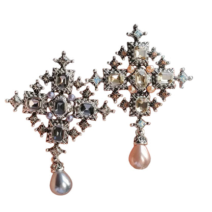 Baroque Cross Statement Brooch with Ornate Pendant Detail
