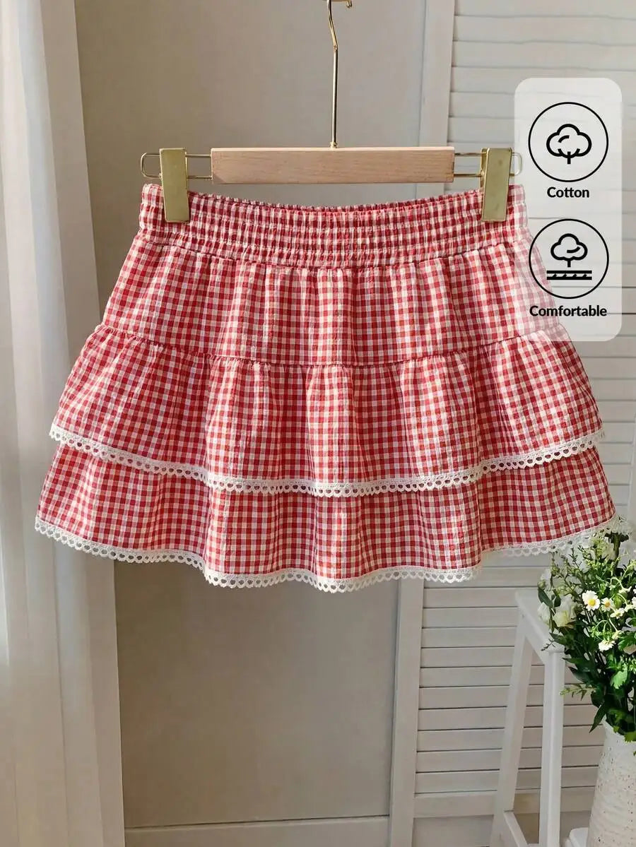 Tiered Ruffle Mini Skirt with Lace Hem Lightweight A-Line Design