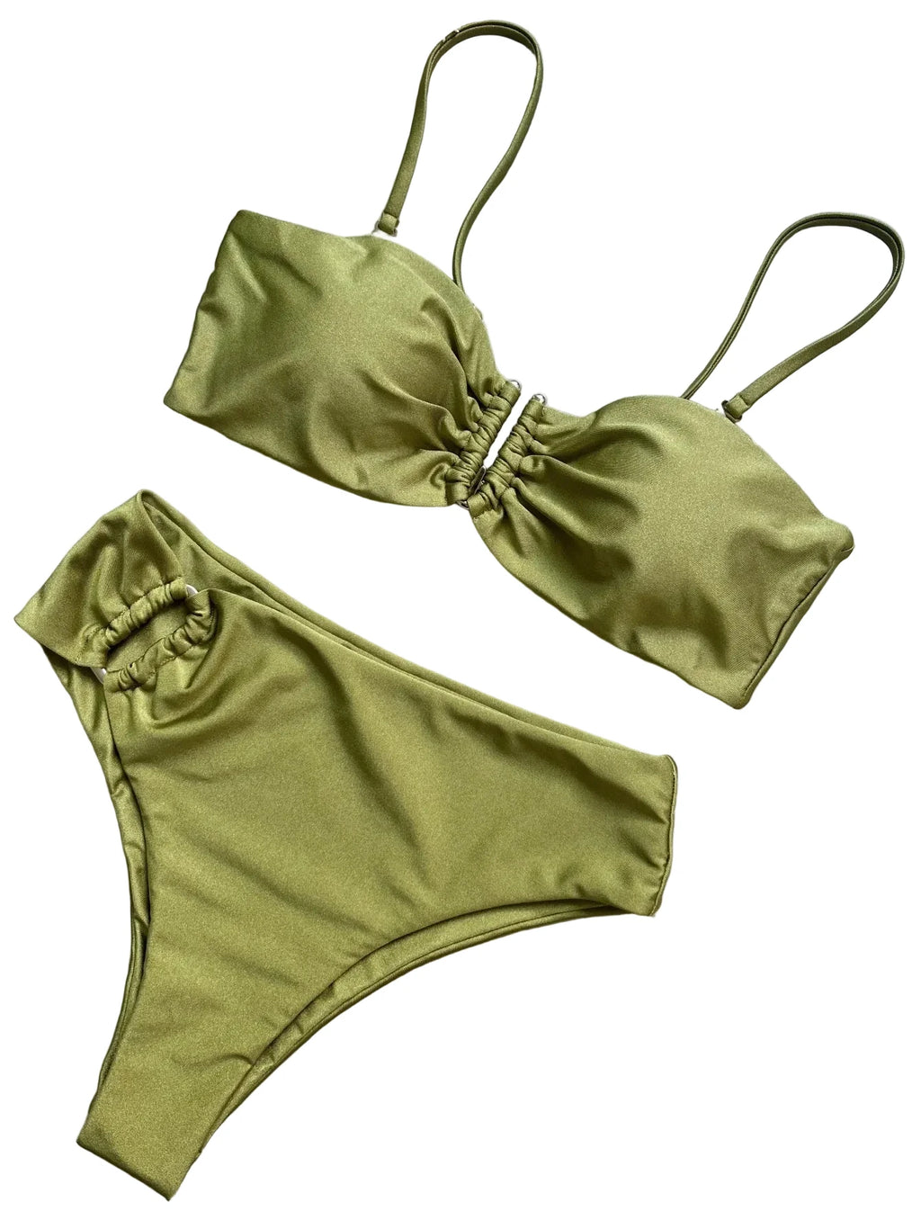 Olive Green Bandeau Bikini Set with Center Hardware and Ruched Detailing