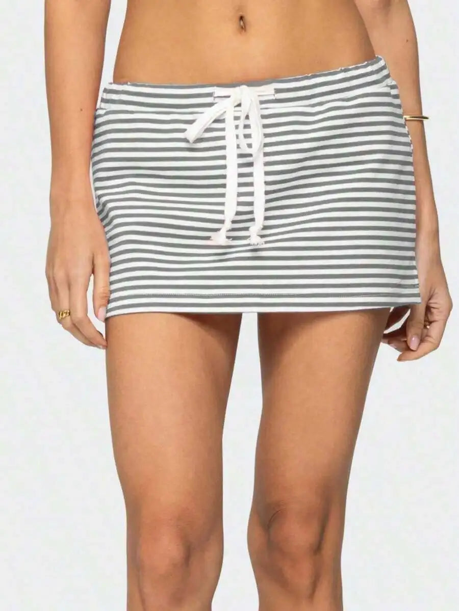 Striped Drawstring Waist Mini Pencil Skirt with Stretch Streetwear Fit