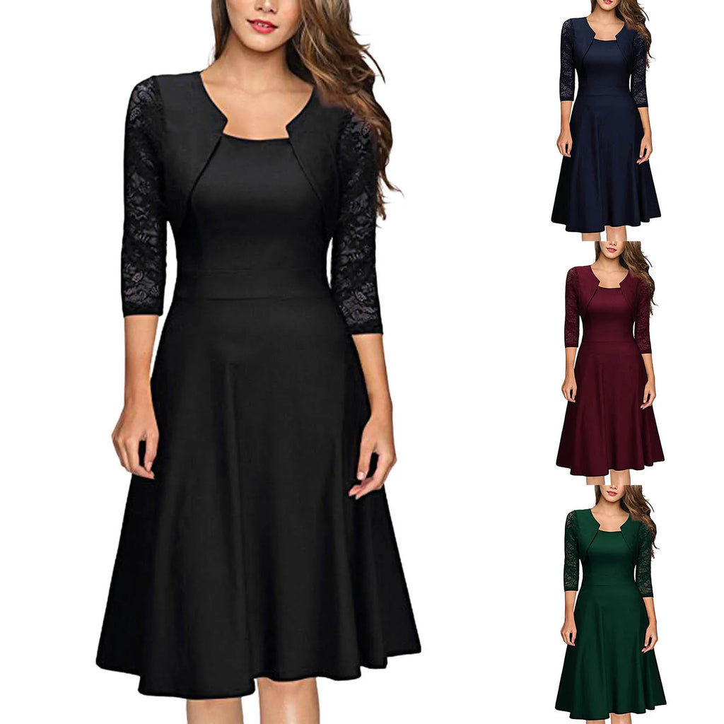 Square Neck A-Line Midi Dress with Lace Panels and Three Quarter Sleeves