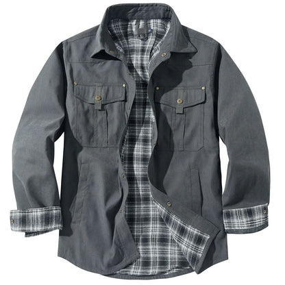 Men's Plaid-Lined Utility Overshirt Jacket with Vintage Casual Styling