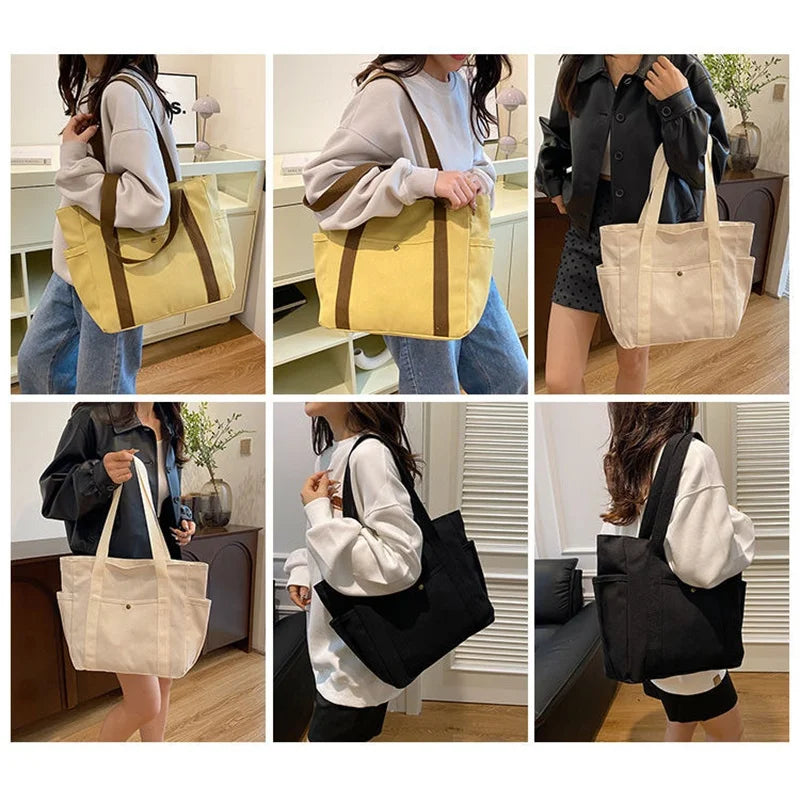 Large Capacity Canvas Tote Shoulder Bag with Multi Pocket Design