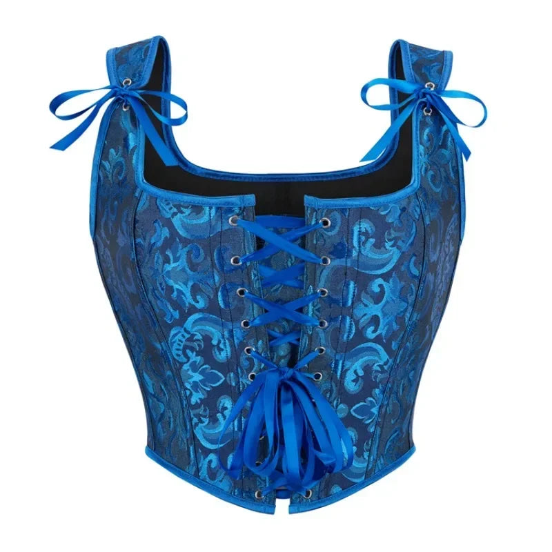 Printed Lace-Up Corset Top with Structured Boning and Adjustable Shoulder Ties