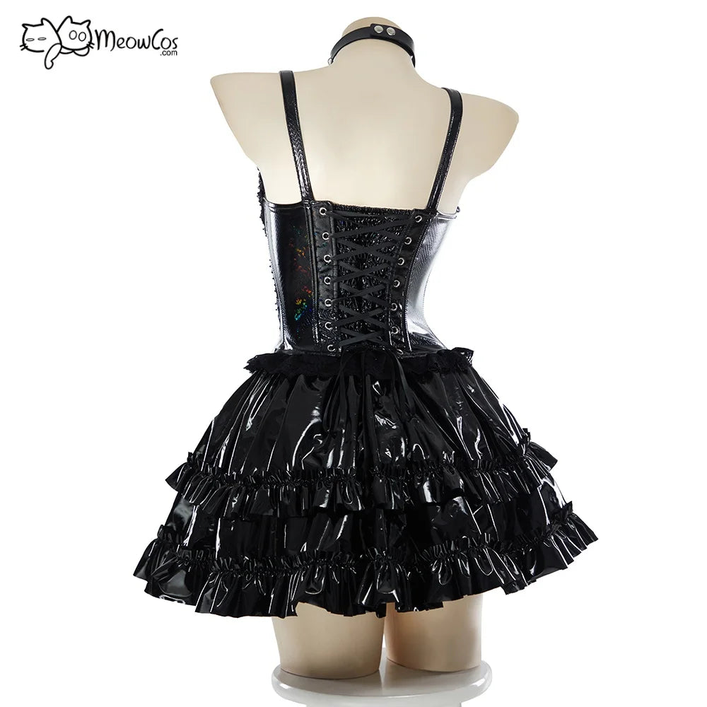 Women's Gothic A-Line Camisole Mini Dress with Detachable Sleeves and Choker Accessory Set