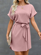 Batwing Sleeve Waist Tie Mini Dress with Relaxed A-Line Silhouette