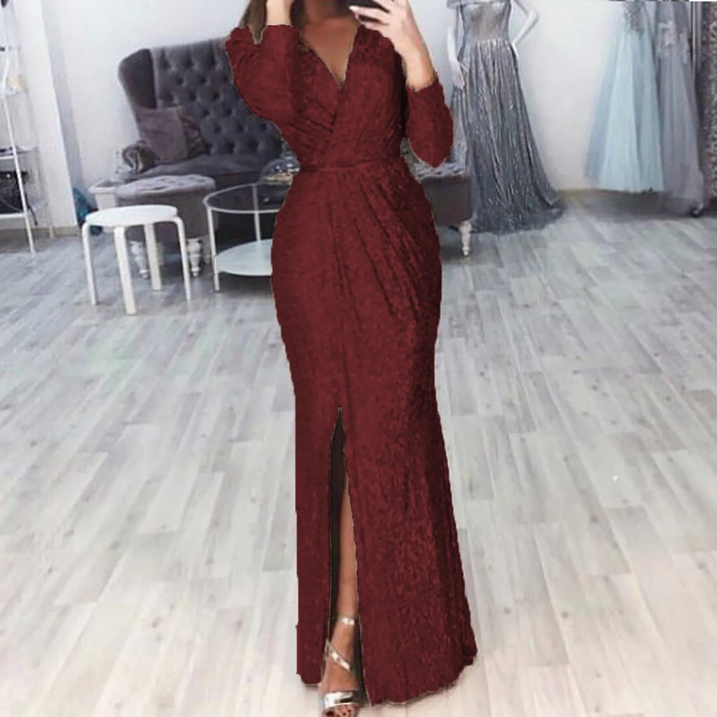 Textured Long Sleeve Maxi Dress With Sculpted Fit And Slit