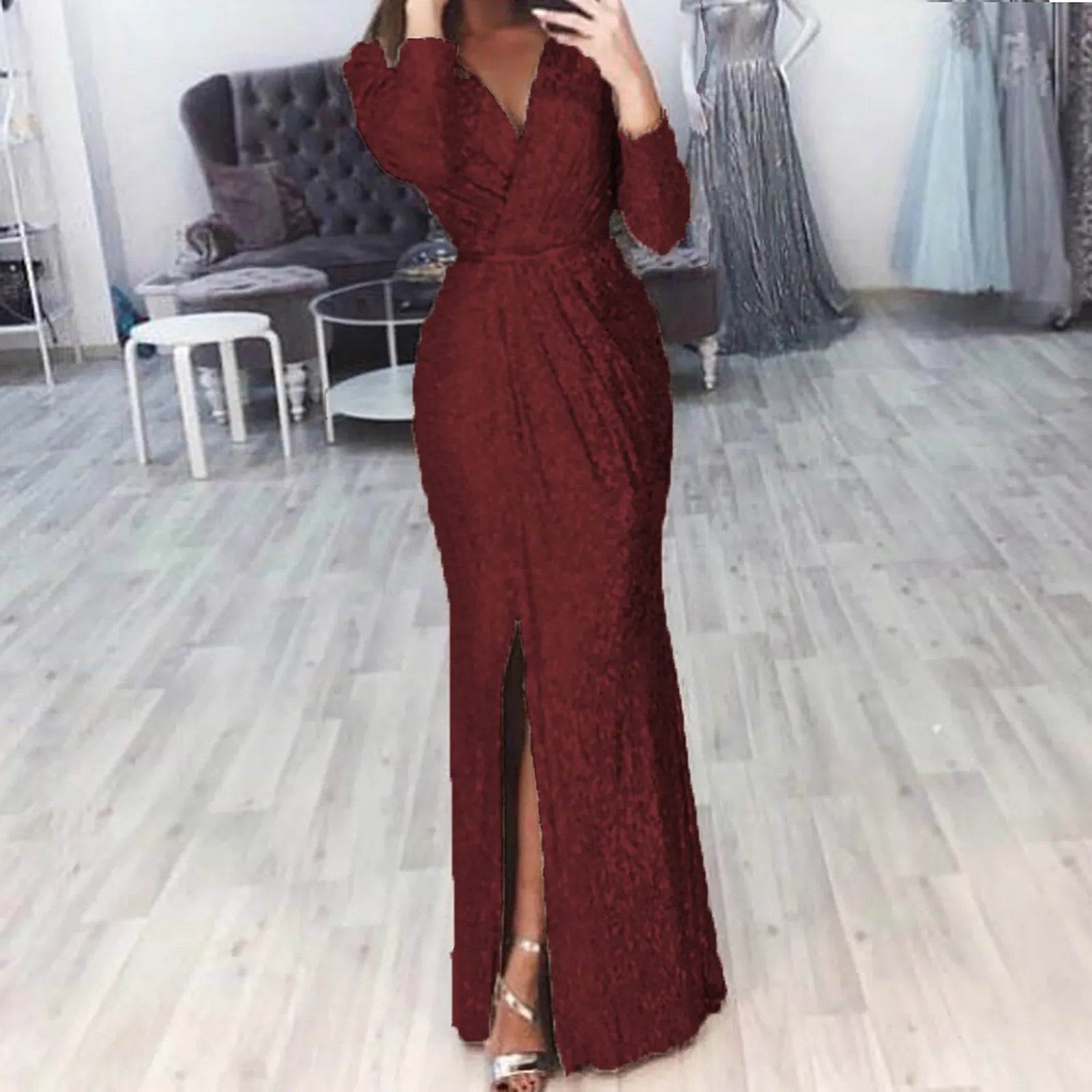 Textured Long Sleeve Maxi Dress With Sculpted Fit And Slit