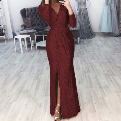Textured Long Sleeve Maxi Dress With Sculpted Fit And Slit