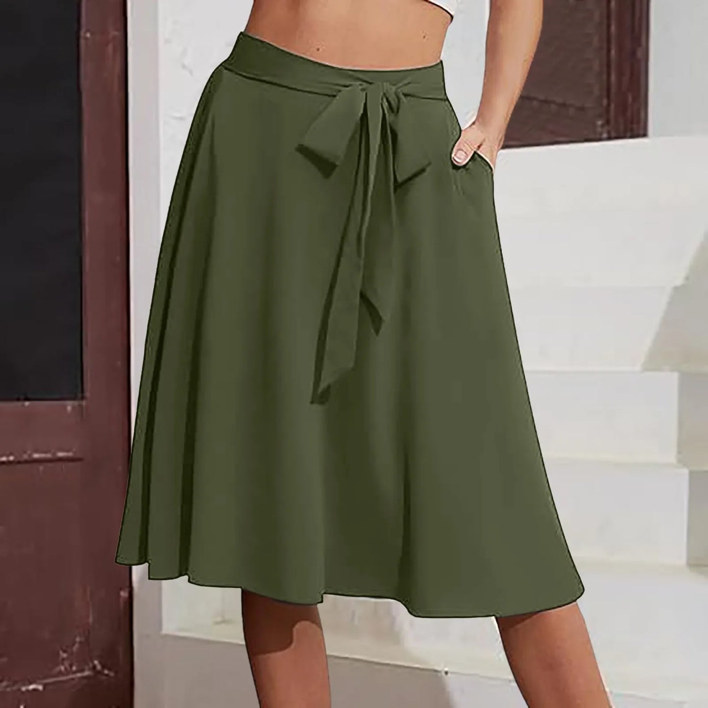 High Waist Lace-Up A-Line Midi Skirt with Pockets Casual Contemporary Everyday Style