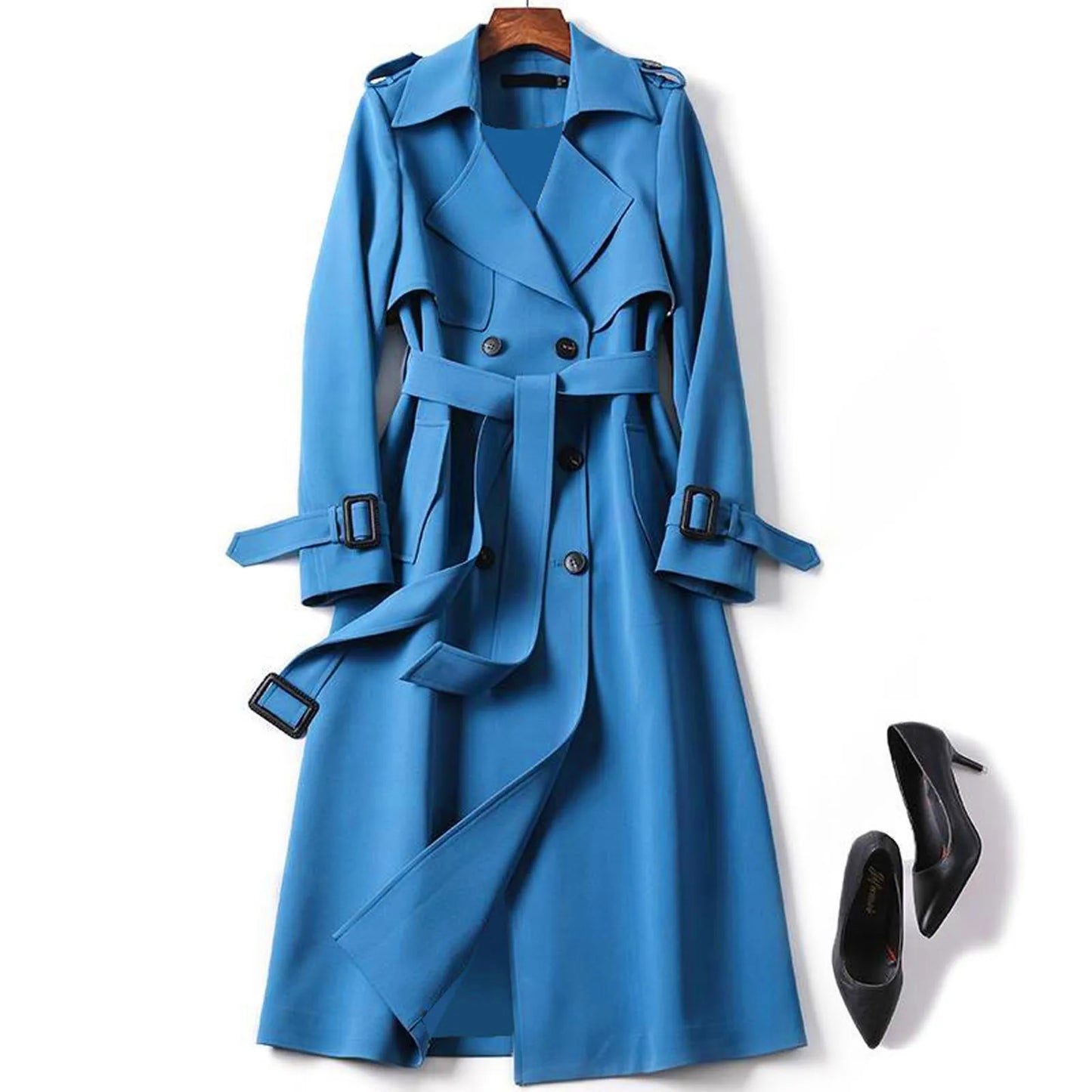 Women's Long Belted Trench Coat with Structured Silhouette for Contemporary Outerwear Styling