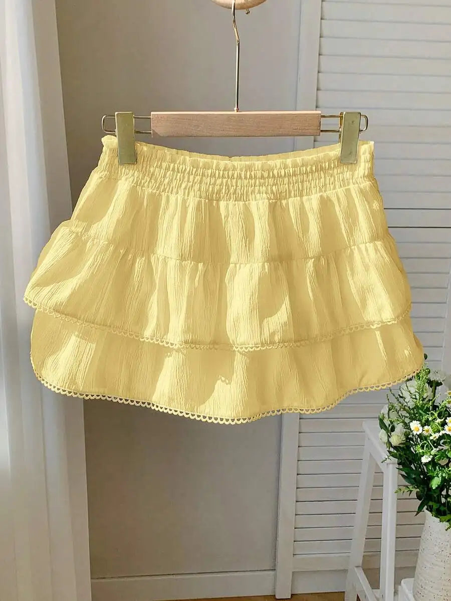 Tiered Ruffle Mini Skirt with Lace Hem Lightweight A-Line Design