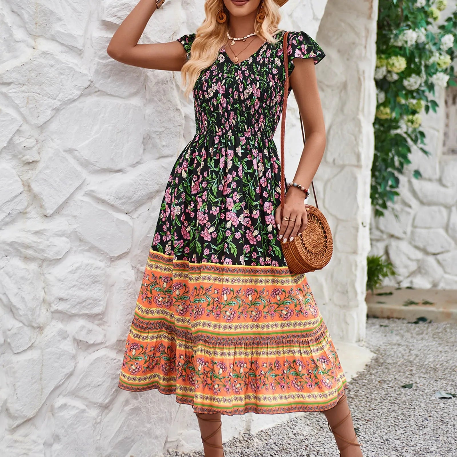 Floral Print Maxi Dress with Flutter Sleeves and Relaxed Silhouette