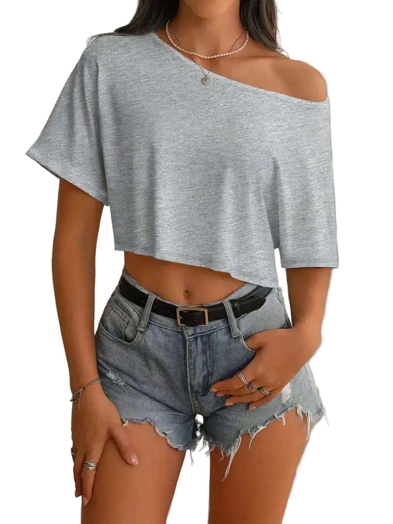Off Shoulder Cropped Tee with Relaxed Fit and Casual Everyday Styling