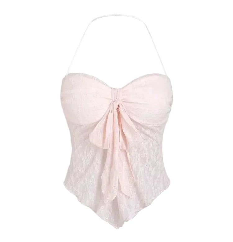 Lace Halter Crop Top with Bow Detail and Slim Fit Streetwear Camisole Design
