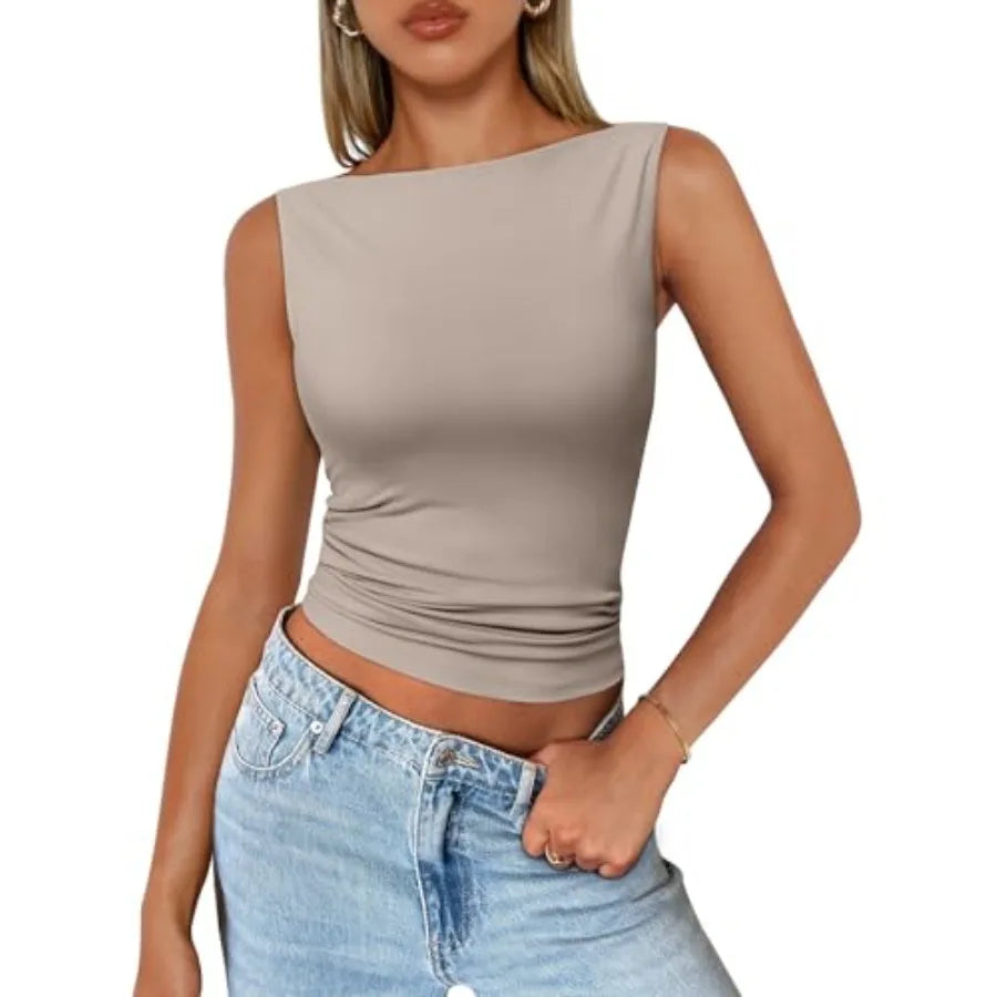 Sleeveless Side Ruched Tank Top with Slim Fit Stretch Everyday Streetwear Design