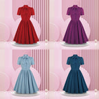 Retro Preppy Light Blue Midi Dress with Bow Collar and Button Bodice