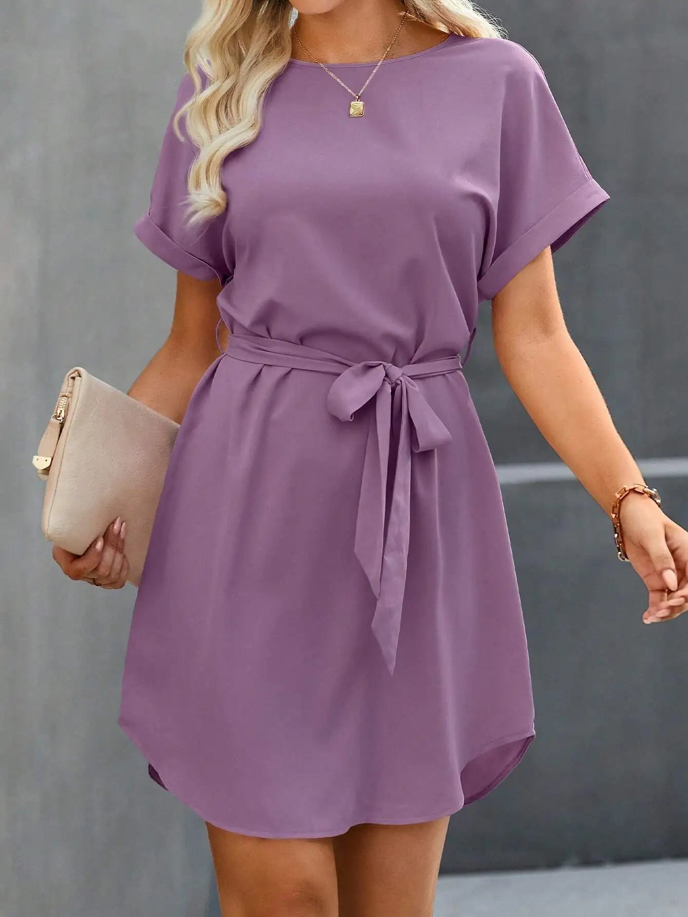 Batwing Sleeve Waist Tie Mini Dress with Relaxed A-Line Silhouette