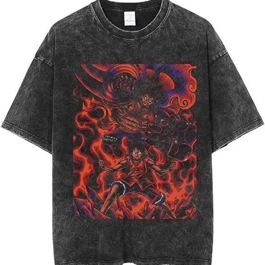 Oversized Anime-Inspired Vintage Streetwear Tee with Fiery Manga Graphic Artwork