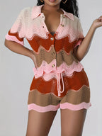 Textured Knit Shirt and Shorts Vacation Summer Co-Ord Set for Women