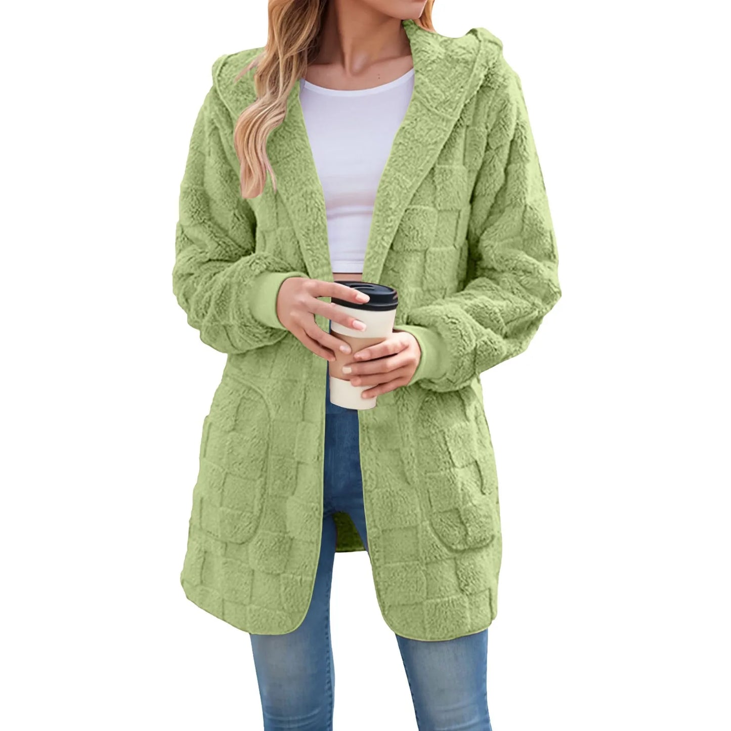 Women's Longline Hooded Plush Fleece Cardigan Jacket for Cozy Everyday Layering