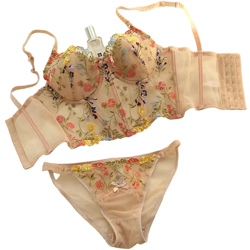 Colorful Floral Embroidery Longline Corset Bra and Panty Set