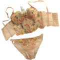 Colorful Floral Embroidery Longline Corset Bra and Panty Set