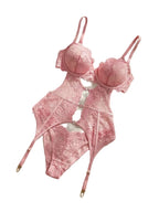 Romantic Blush Pink Lace Push-Up Bra and Garter Set