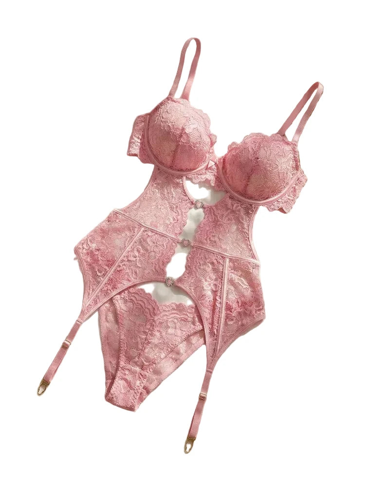 Romantic Blush Pink Lace Push-Up Bra and Garter Set