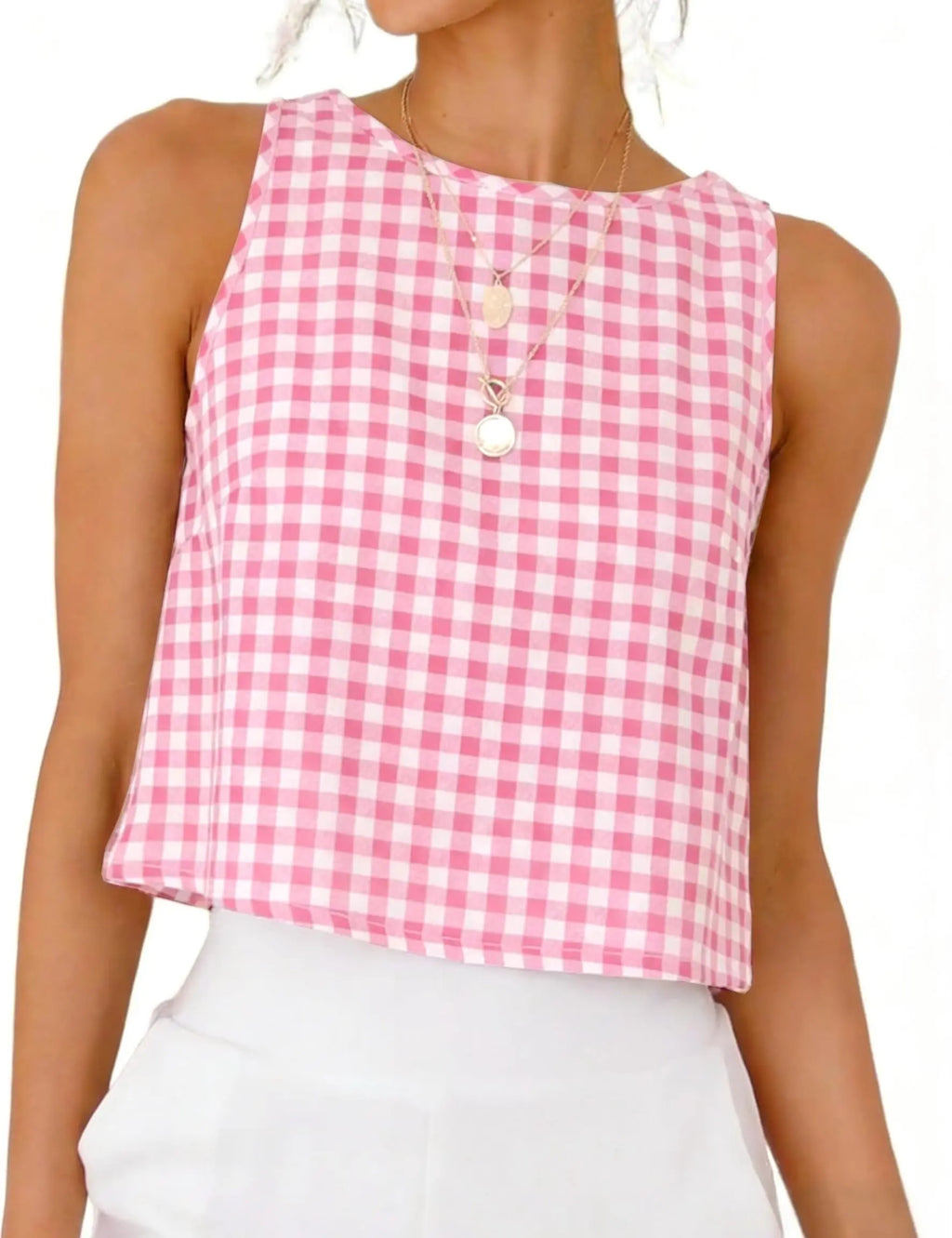 Gingham Sleeveless Crop Top with Minimalist Silhouette and Vintage Inspired Style