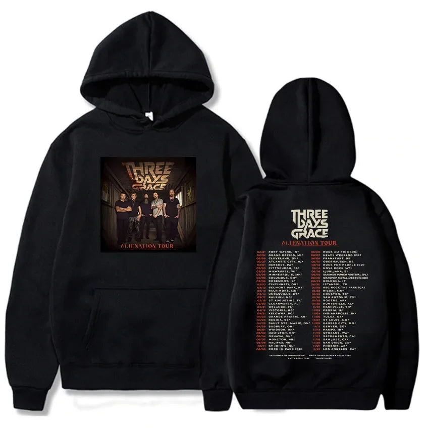 Dark Graphic Streetwear Hoodie with Tour Inspired Artwork and Relaxed Fit