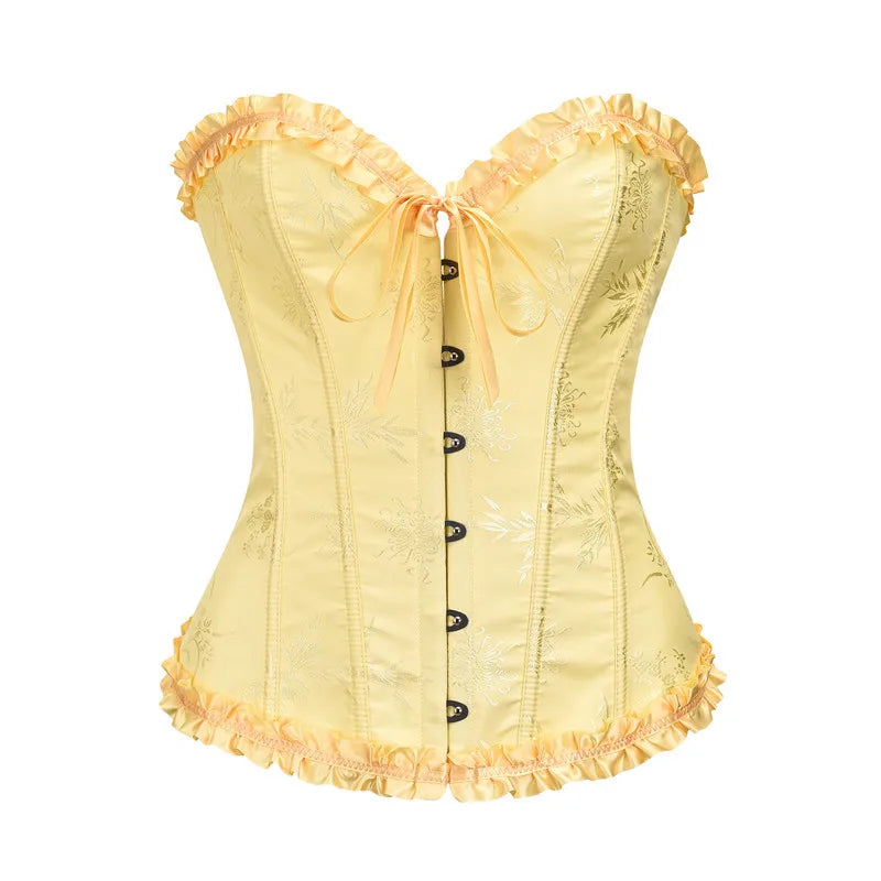 Jacquard Overbust Corset with Ruffled Trim, Structured Boning and Lace-Up Back