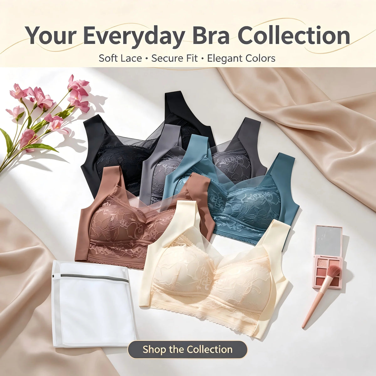 5-Pack Elegant Floral Lace Wire-Free Bras with Wide Straps and Plunging V-Neckline