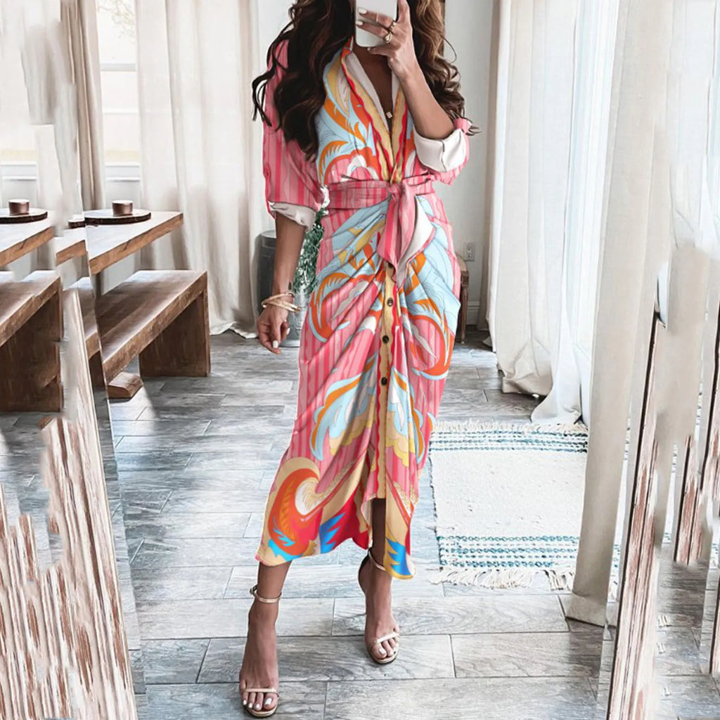 Abstract Print Maxi Dress with Belted Waist and Long Sleeves