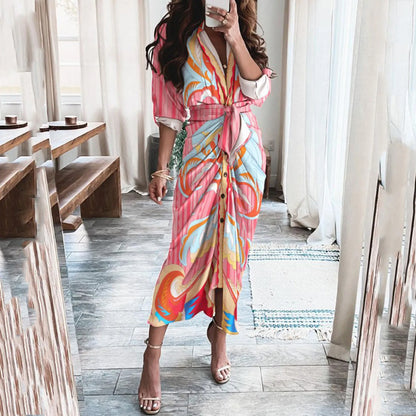 Abstract Print Maxi Dress with Belted Waist and Long Sleeves