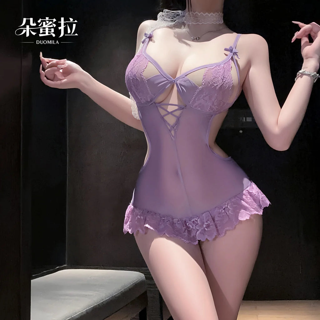 Lavender Lace Babydoll Lingerie Set with Sheer Detailing, Adjustable-Style Straps and Romantic Lolita-Inspired Silhouette
