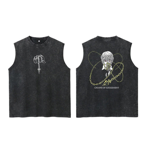 Anime Cosmic Skull Graphic Washed Sleeveless Tank Top - BigCat Streetwear