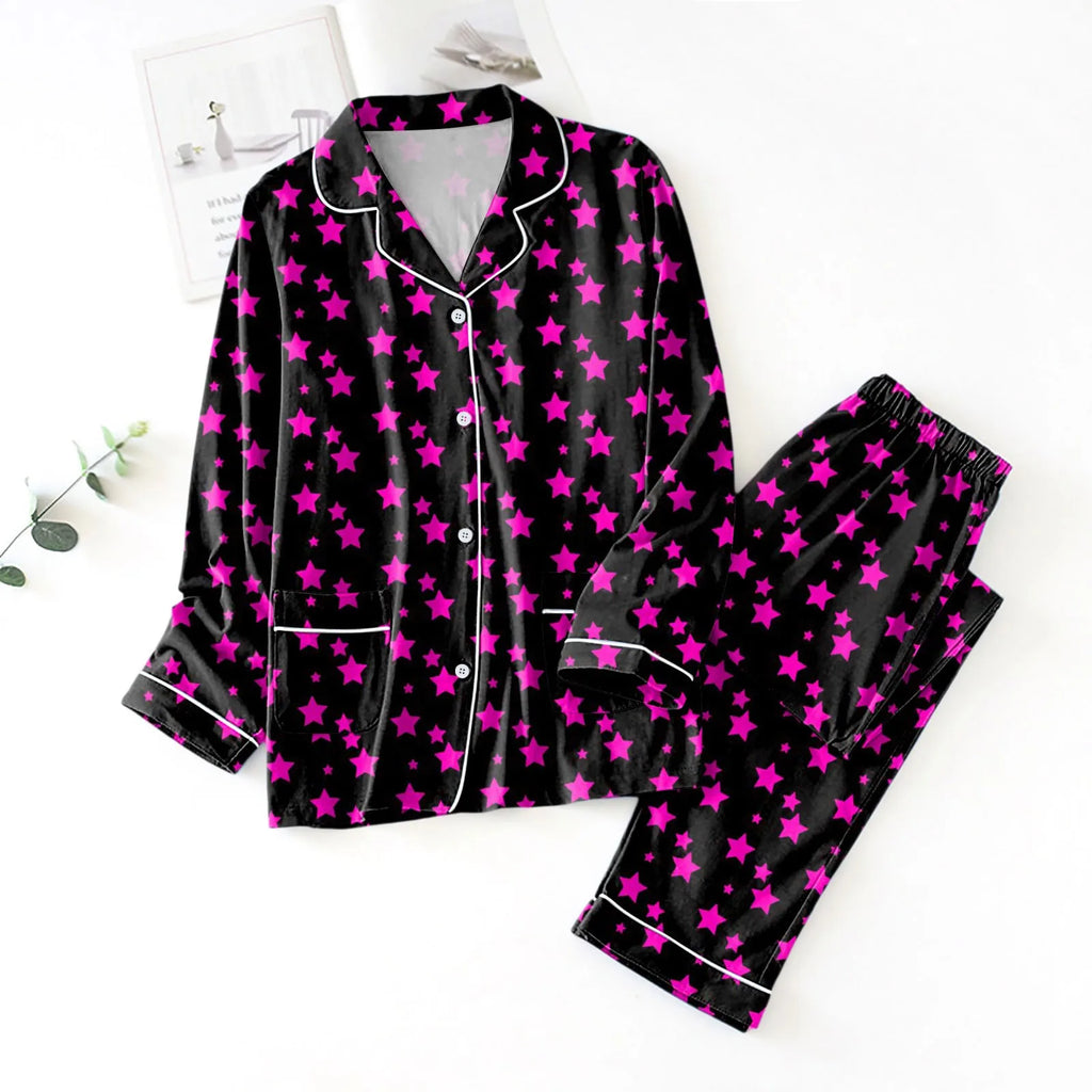 Women's Satin-Look Star Print Pajama Set, Long-Sleeve Button-Front Shirt and Matching Ankle-Length Pants, Two-Piece Loungewear