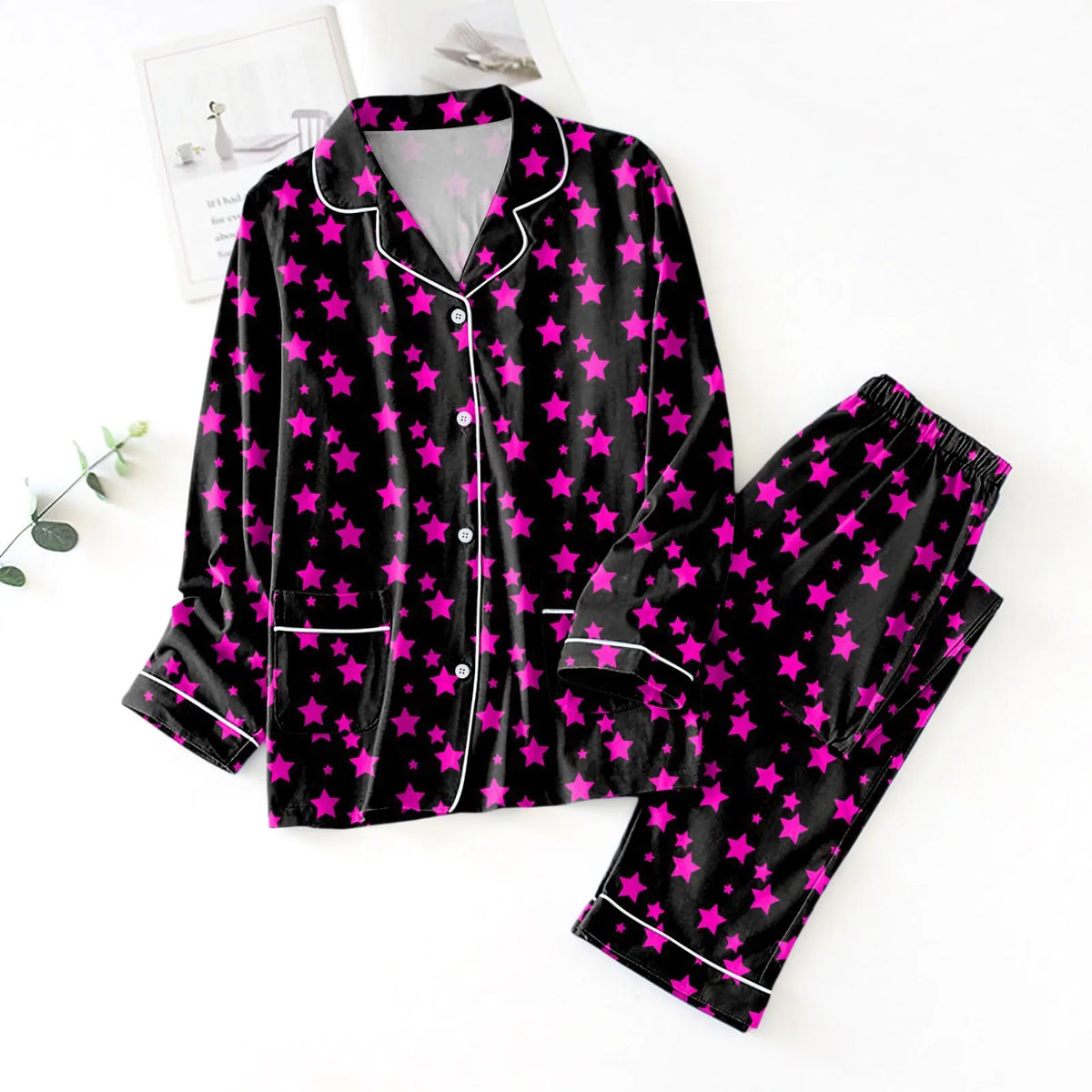 Women's Satin-Look Star Print Pajama Set, Long-Sleeve Button-Front Shirt and Matching Ankle-Length Pants, Two-Piece Loungewear