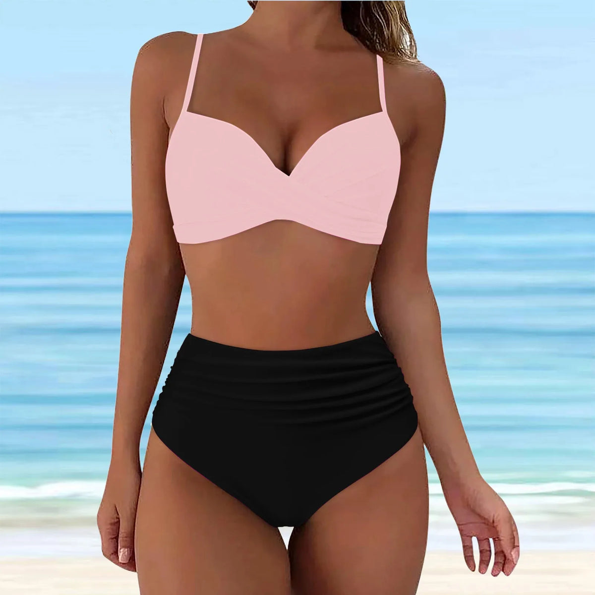 Emerald Green Cross-Front Bikini Set with Ruched High-Waisted Bottoms