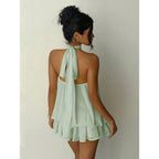Flowy Mint Green Halter Neck Mini Dress with Tiered Hem