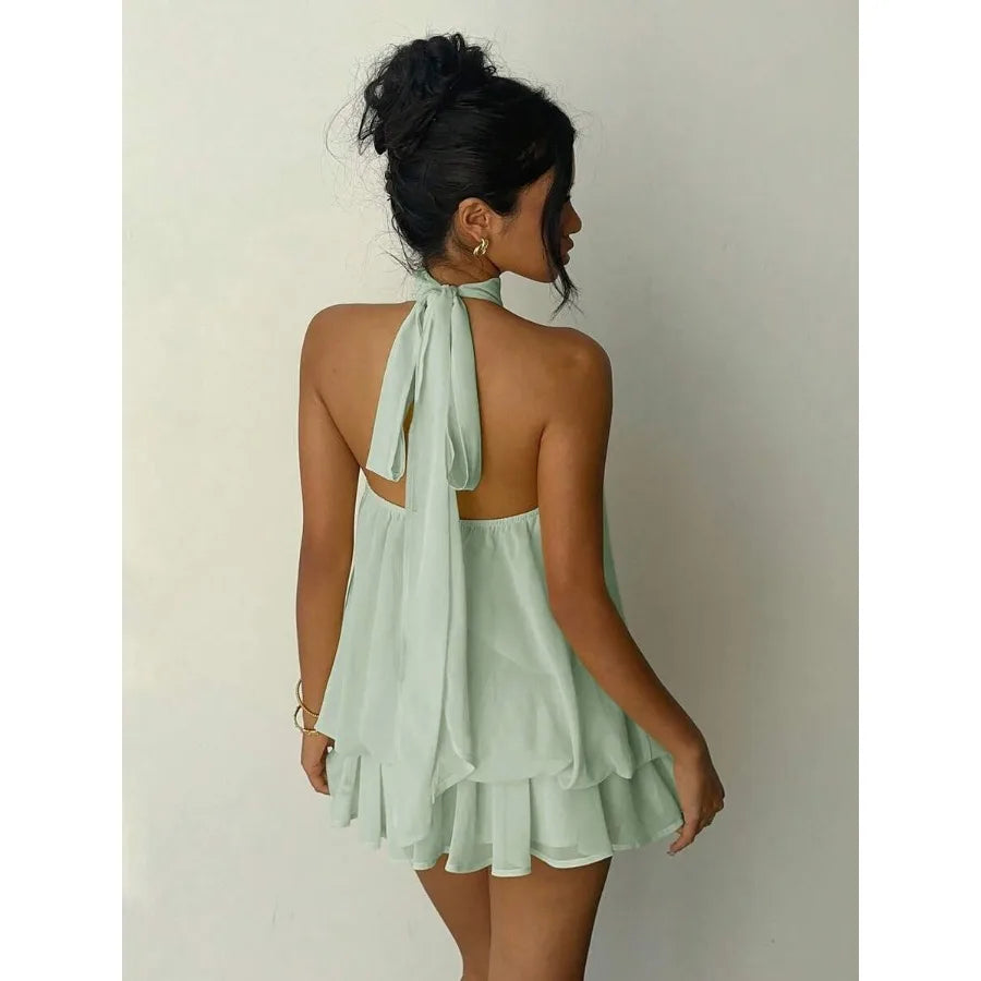 Flowy Mint Green Halter Neck Mini Dress with Tiered Hem
